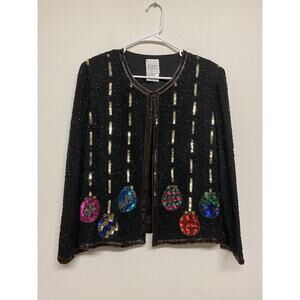 Vintage Lawrence Kazer Evening Bead Sequin Silk Jacket Women's L Christmas